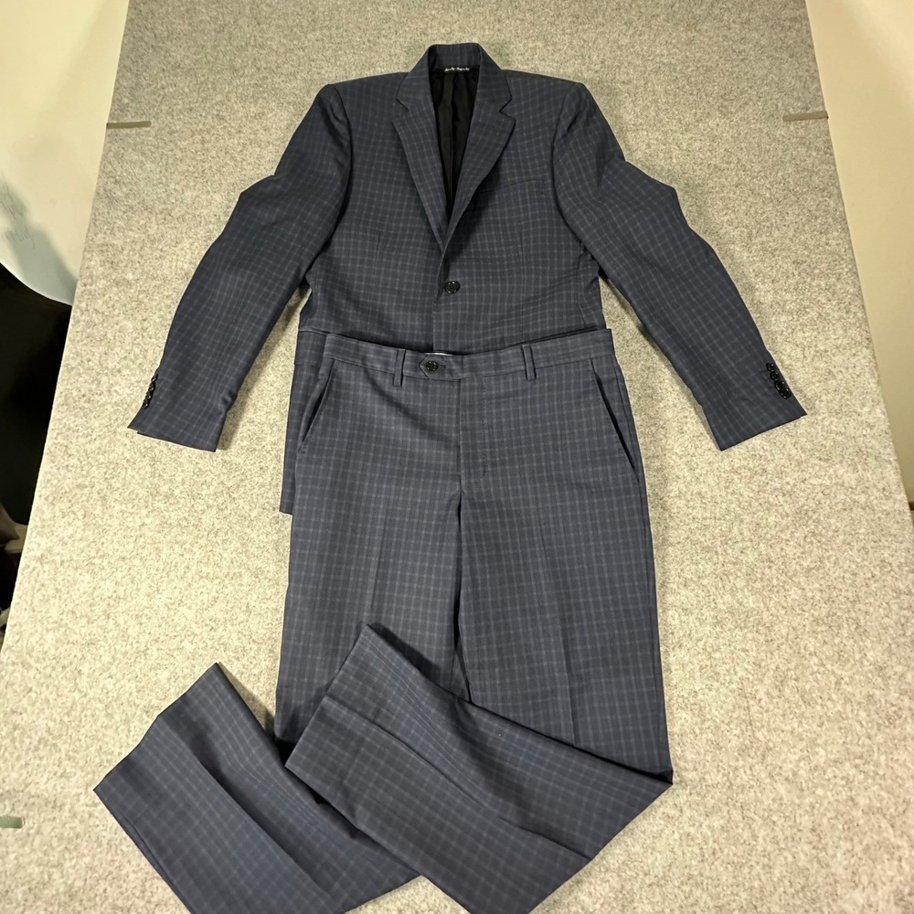Ermenegildo Zegna 2 Piece Suit 38R Blue Mens Plaid Wool Made in Italy Slim Fit